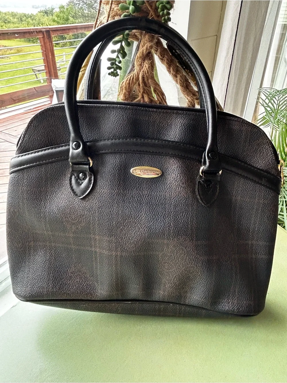 Liz Claiborne Brown Monogram Satchel Handbag Black Trim Zip Top Purse